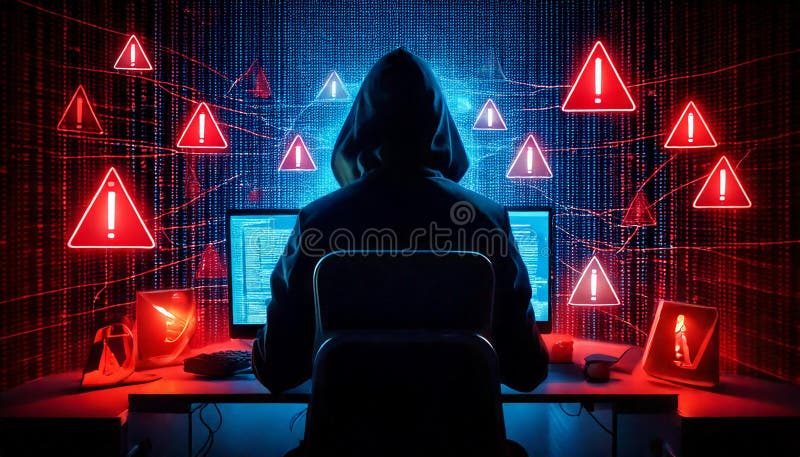 Hacker cu glugă în mijlocul unui labirint de amenințări cibernetice și semnale digitale periculoase vector illustration