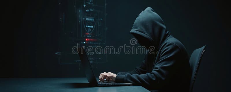 Hacker cu glugă în tipurile de camere întunecate de pe tastatura laptopului. Concept de securitate cibernetică generativ AI darkne stock illustration