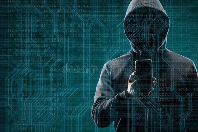 Anonymous computer hacker with a smartphone over abstract digital background. Obscured dark face in mask and hood. Data thief, internet attack, darknet fraud, dangerous viruses and cyber security concept. Anonymous computer hacker with a smartphone over abstract digital background. Obscured dark face in mask and hood. Data thief, internet attack, darknet fraud, dangerous viruses and cyber security concept.