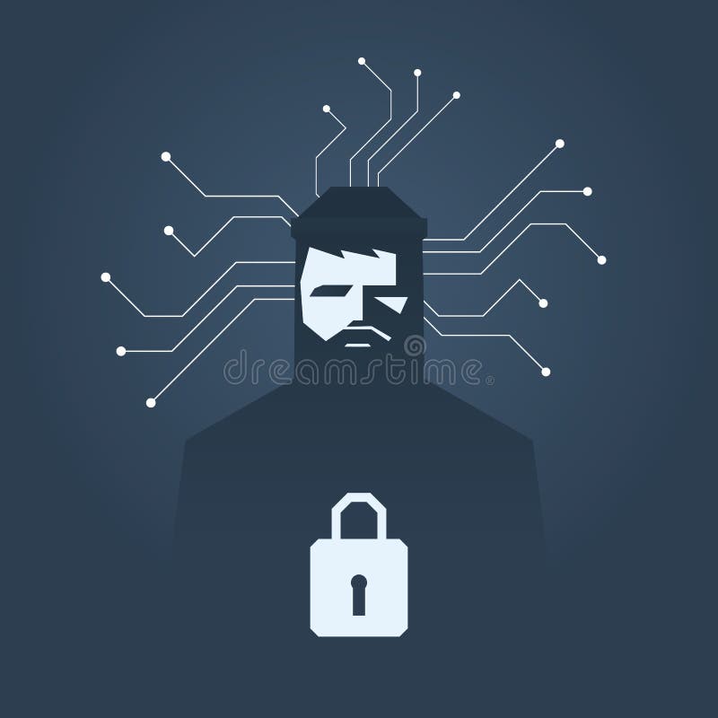 Hacker de computador e conceito do vetor do ransomware Corte criminoso, roubo dos dados e símbolo de chantagem
