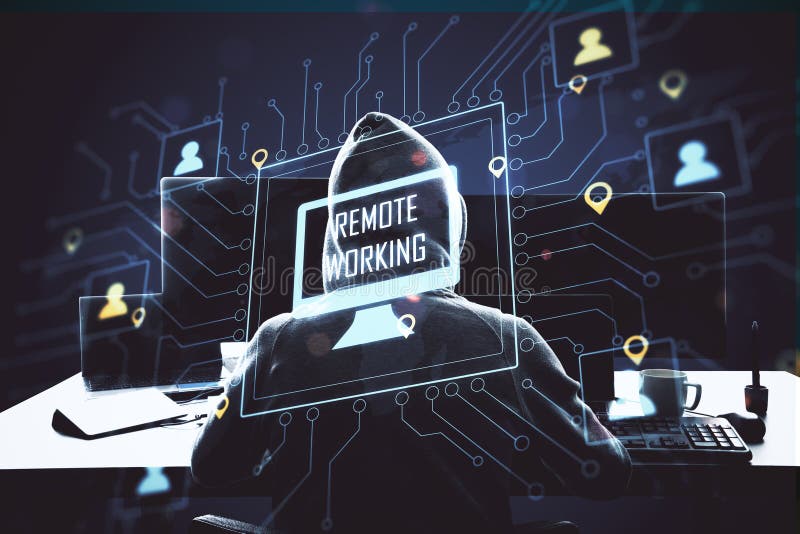 Hacker, der Computer mit glühender Fernarbeitsschnittstelle verwendet stockfoto