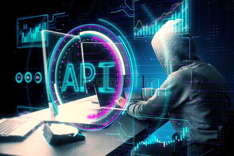 Hacker at desk using laptop keyboard with creative API hologram on blurry background. Application Programming Interface concept. stock photos