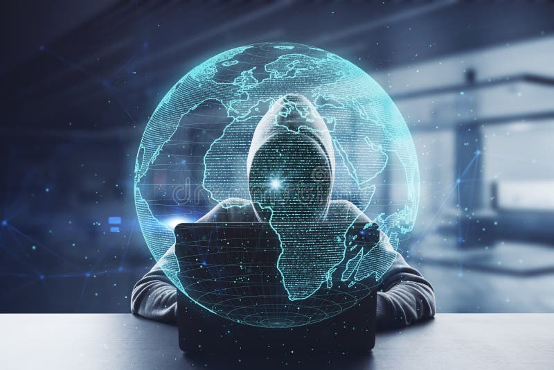 Hacker at desktop using laptop with creative glowing polygonal grid planet on blurry office interior background. Globe, hacking royalty free stock photo