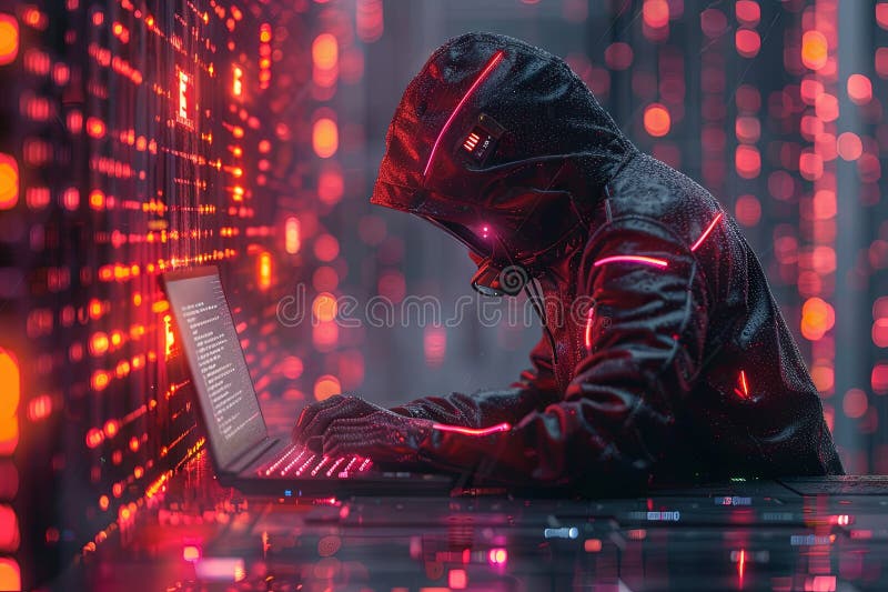 Hacker in a hood using a laptop, coding and data on a code background. Digital symbols and abstract technology concept. Generative AI. Hacker in a hood using a laptop, coding and data on a code background. Digital symbols and abstract technology concept. Generative AI.