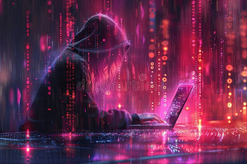 Hacker in a hood using a laptop, coding and data on a code background. Digital symbols and abstract technology concept. Generative AI. Hacker in a hood using a laptop, coding and data on a code background. Digital symbols and abstract technology concept. Generative AI.