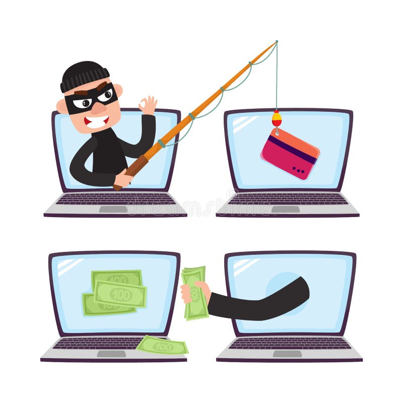 Hacker with Fishing Rod, Computer Phishing Attack Stock Vector