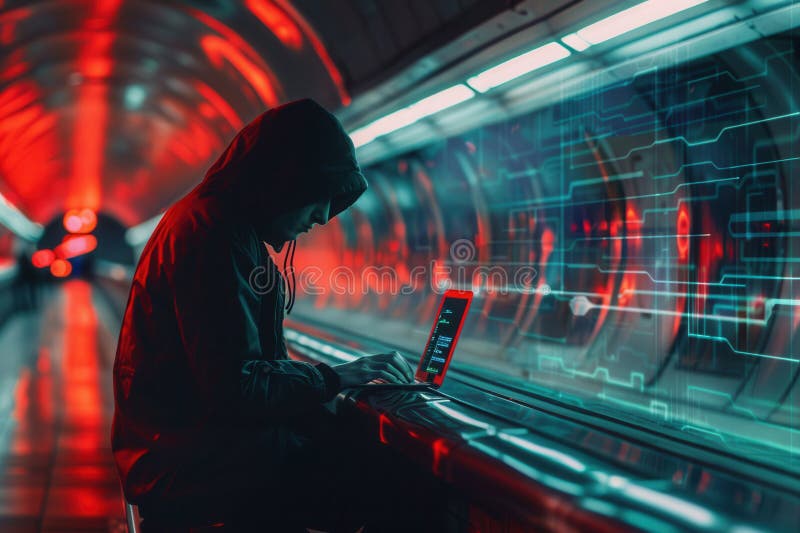 A hacker is focused on a laptop in a metro station, emphasizing the vulnerabilities of public Wi-Fi as neon lights stock photography