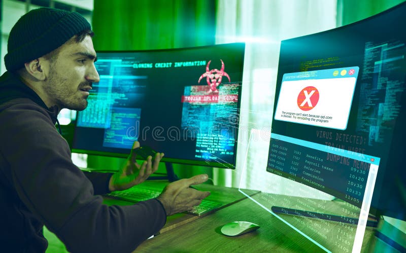 Hacker, fraud and man with credit card at computer for phishing, scam or malware. Confused, neon dashboard and criminal royalty free stock photos