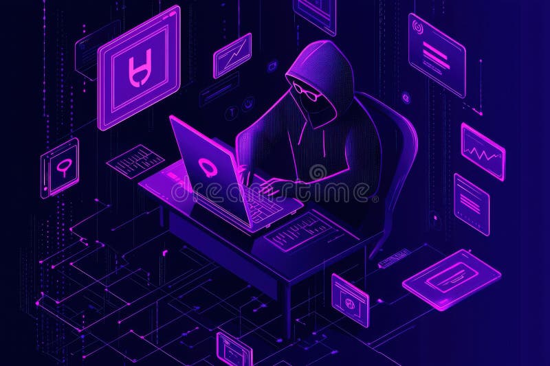 Hacker in a futuristic digital workspace surrounded by glowing technology and data royalty free stock photos