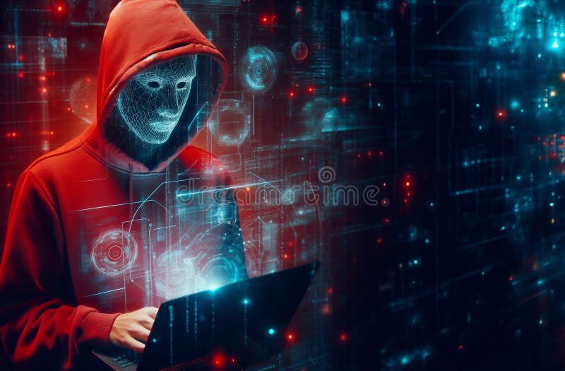 Hacker in geheimnisvoll aussehender Kapuze verwendet Hologramm Grafik Netzwerk Passwort Cracking Programm generative ai Illustrati stock abbildung