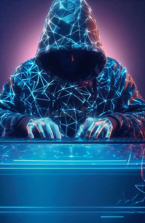 Hacker in geheimnisvoll aussehender Kapuze verwendet Hologramm Grafik Netzwerk Passwort Cracking Programm generative ai Illustrati vektor abbildung