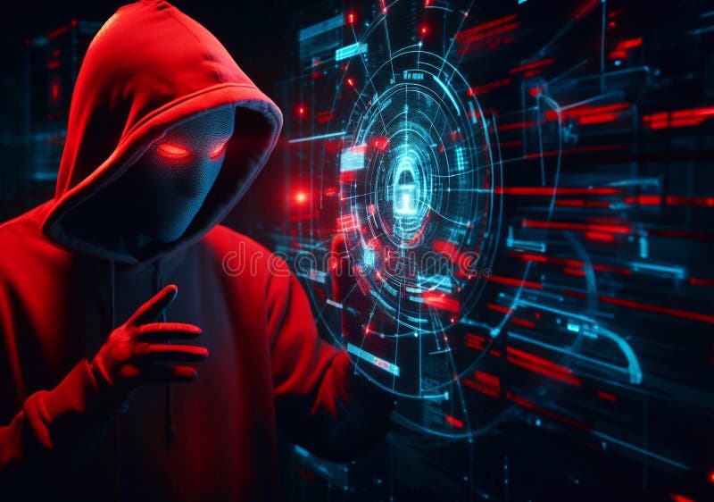 Hacker in geheimnisvoll aussehender Kapuze verwendet Hologramm Grafik Netzwerk Passwort Cracking Programm generative ai Illustrati stock abbildung