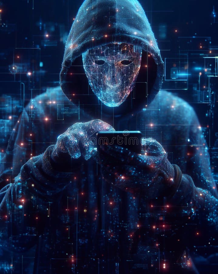 Hacker in geheimnisvoll aussehender Kapuze verwendet Hologramm Grafik Netzwerk Passwort Cracking Programm generative ai Illustrati lizenzfreie abbildung