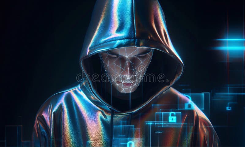 Hacker in geheimnisvoll aussehender Kapuze verwendet Hologramm Grafik Netzwerk Passwort Cracking Programm generative ai Illustrati vektor abbildung