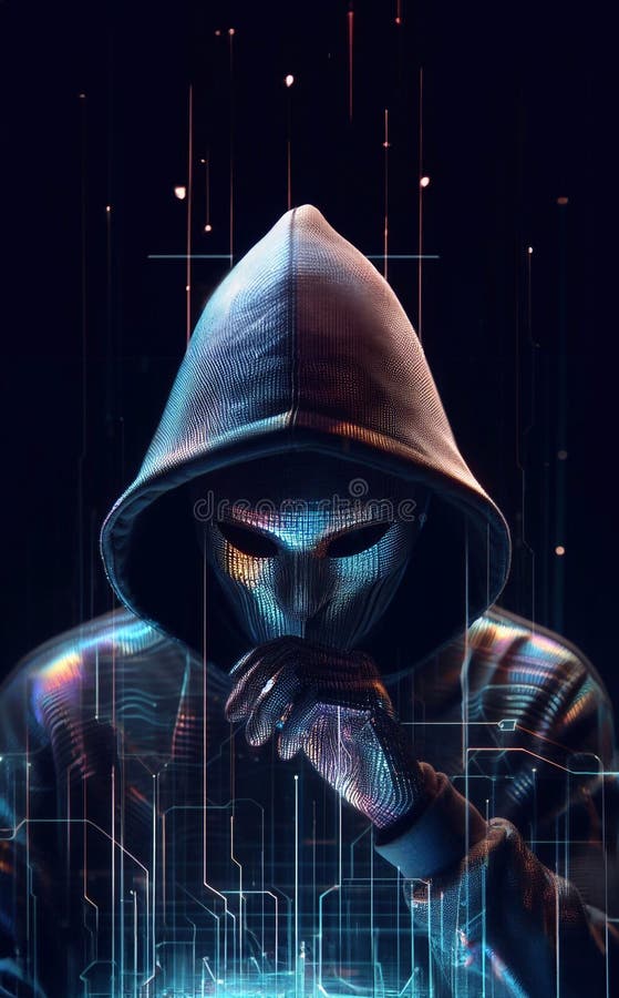 Hacker in geheimnisvoll aussehender Kapuze verwendet Hologramm Grafik Netzwerk Passwort Cracking Programm generative ai Illustrati vektor abbildung