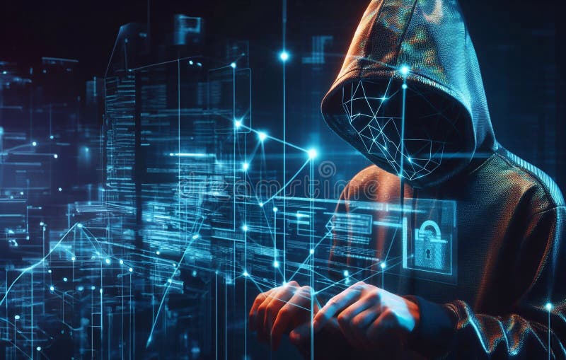 Hacker in geheimnisvoll aussehender Kapuze verwendet Hologramm Grafik Netzwerk Passwort Cracking Programm generative ai Illustrati lizenzfreie abbildung