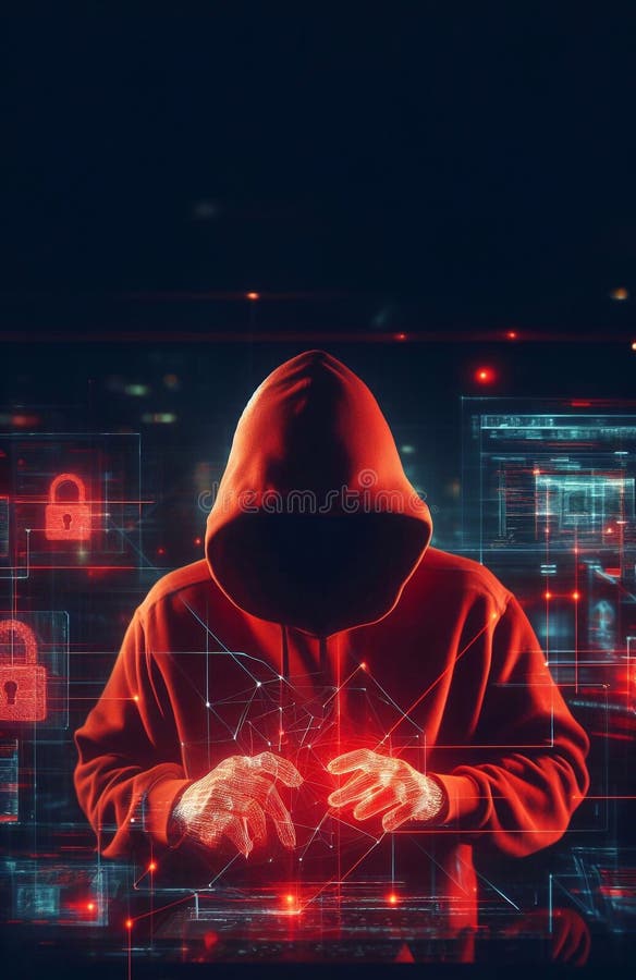Hacker in geheimnisvoll aussehender Kapuze verwendet Hologramm Grafik Netzwerk Passwort Cracking Programm generative ai Illustrati stock abbildung