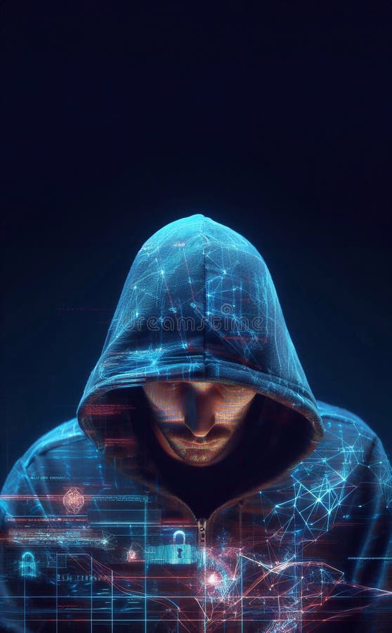 Hacker in geheimnisvoll aussehender Kapuze verwendet Hologramm Grafik Netzwerk Passwort Cracking Programm generative ai Illustrati vektor abbildung