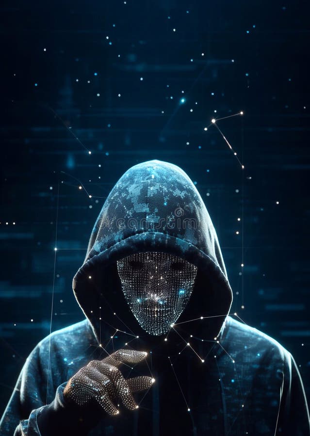 Hacker in geheimnisvoll aussehender Kapuze verwendet Hologramm Grafik Netzwerk Passwort Cracking Programm generative ai Illustrati vektor abbildung