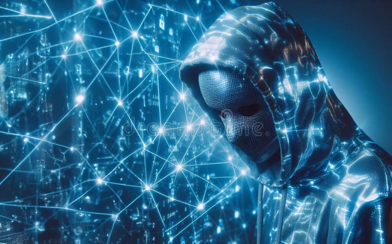 Hacker in geheimnisvoll aussehender Kapuze verwendet Hologramm Grafik Netzwerk Passwort Cracking Programm generative ai Illustrati vektor abbildung