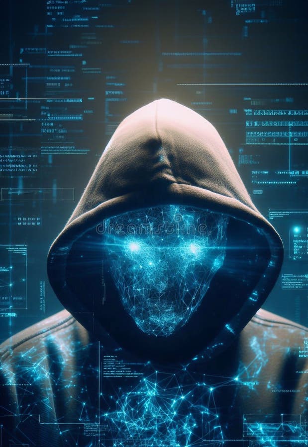 Hacker in geheimnisvoll aussehender Kapuze verwendet Hologramm Grafik Netzwerk Passwort Cracking Programm generative ai Illustrati lizenzfreie abbildung