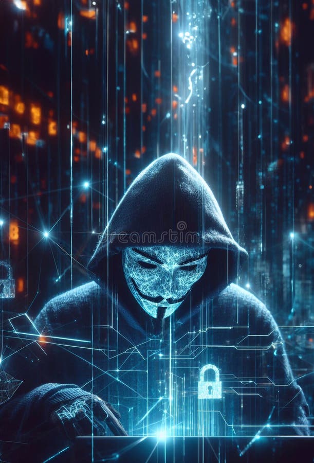 Hacker in geheimnisvoll aussehender Kapuze verwendet Hologramm Grafik Netzwerk Passwort Cracking Programm generative ai Illustrati vektor abbildung