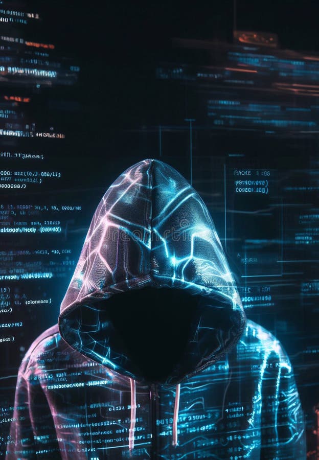 Hacker in geheimnisvoll aussehender Kapuze verwendet Hologramm Grafik Netzwerk Passwort Cracking Programm generative ai Illustrati vektor abbildung