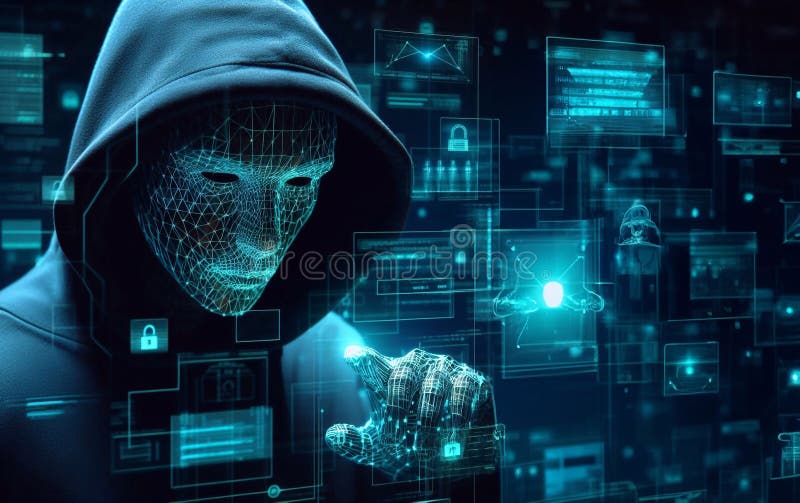 Hacker in geheimnisvoll aussehender Kapuze verwendet Hologramm Grafik Netzwerk Passwort Cracking Programm generative ai Illustrati stock abbildung