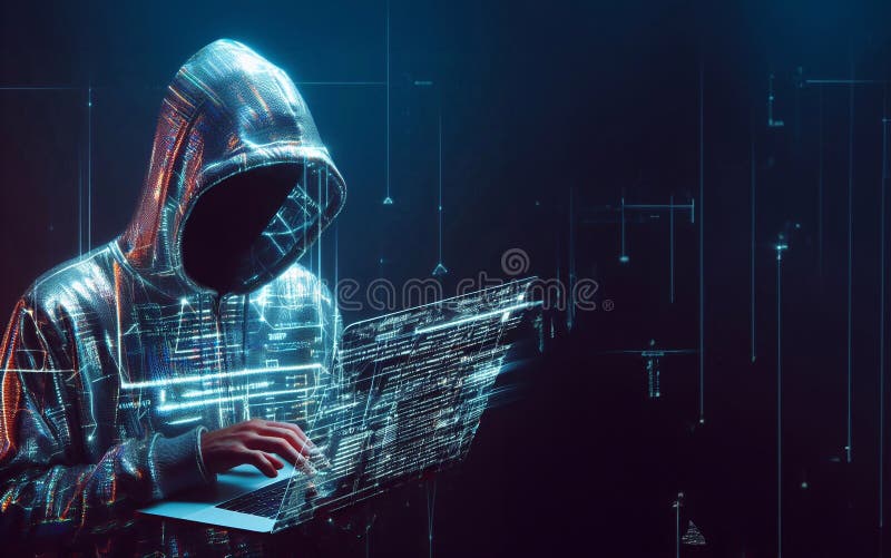 Hacker in geheimnisvoll aussehender Kapuze verwendet Hologramm Grafik Netzwerk Passwort Cracking Programm generative ai Illustrati lizenzfreie abbildung