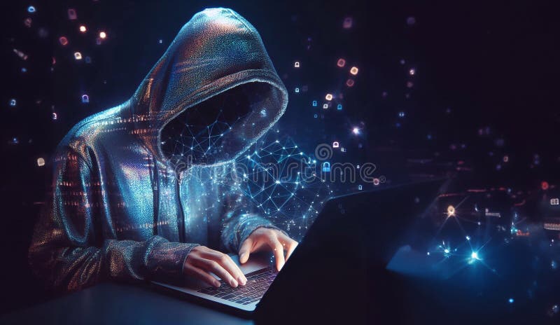 Hacker in geheimnisvoll aussehender Kapuze verwendet Hologramm Grafik Netzwerk Passwort Cracking Programm generative ai Illustrati vektor abbildung