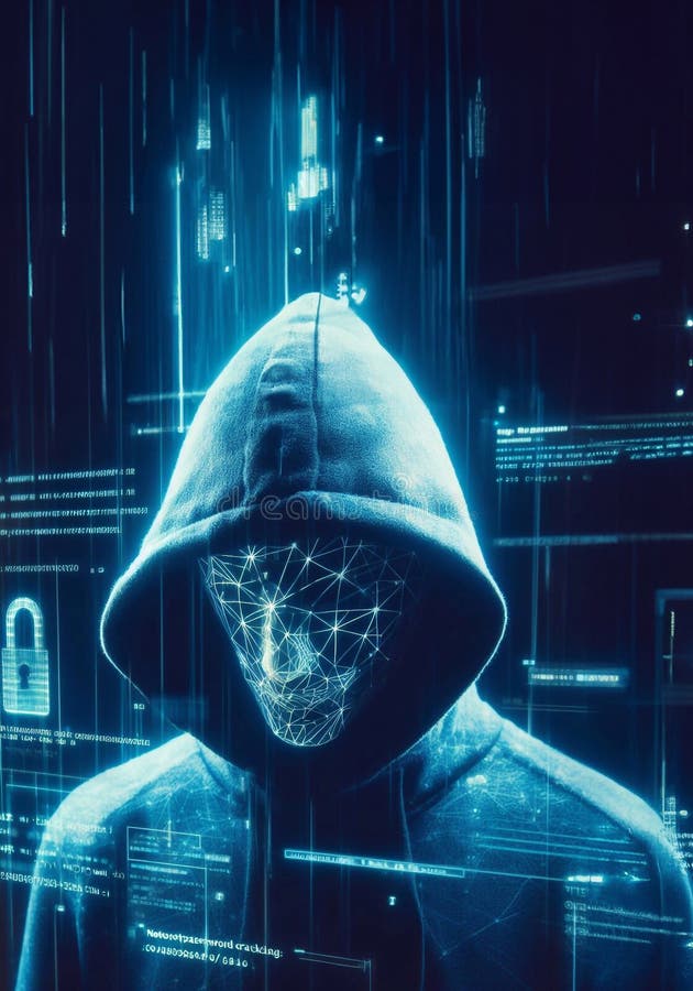 Hacker in geheimnisvoll aussehender Kapuze verwendet Hologramm Grafik Netzwerk Passwort Cracking Programm generative ai Illustrati stock abbildung