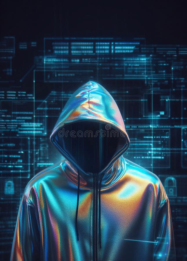 Hacker in geheimnisvoll aussehender Kapuze verwendet Hologramm Grafik Netzwerk Passwort Cracking Programm generative ai Illustrati lizenzfreie abbildung