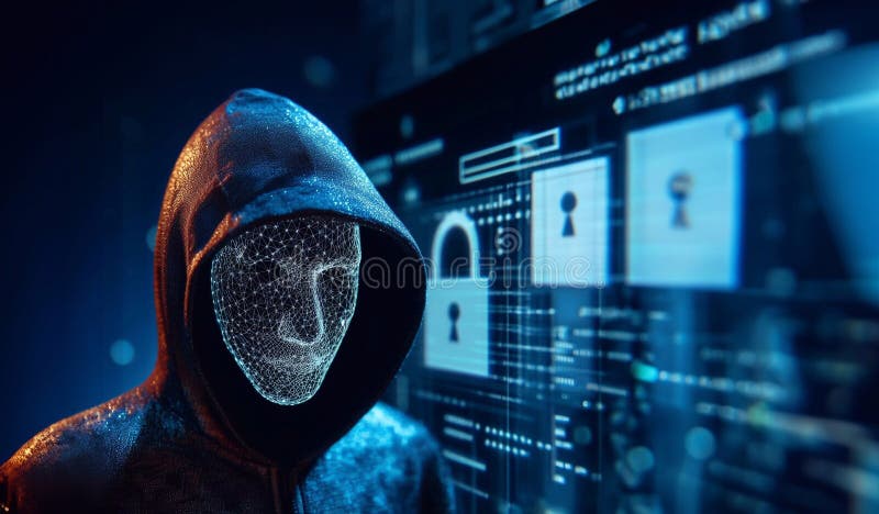 Hacker in geheimnisvoll aussehender Kapuze verwendet Hologramm Grafik Netzwerk Passwort Cracking Programm generative ai Illustrati stock abbildung