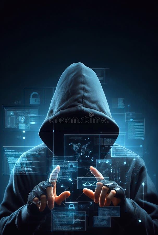 Hacker in geheimnisvoll aussehender Kapuze verwendet Hologramm Grafik Netzwerk Passwort Cracking Programm generative ai Illustrati lizenzfreie abbildung
