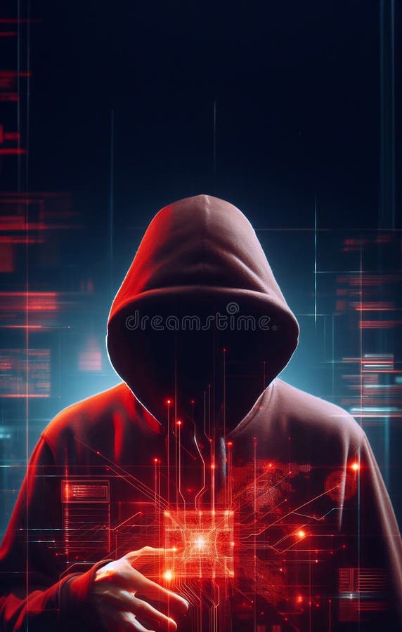 Hacker in geheimnisvoll aussehender Kapuze verwendet Hologramm Grafik Netzwerk Passwort Cracking Programm generative ai Illustrati lizenzfreie abbildung