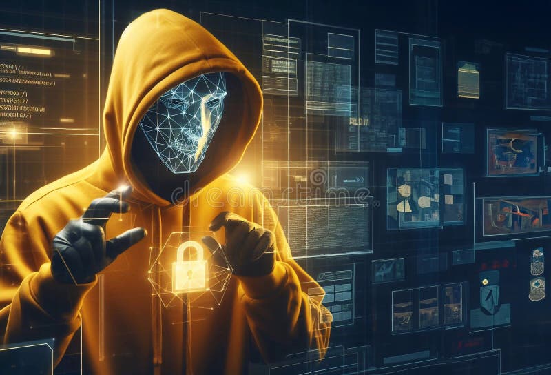 Hacker in geheimnisvoll aussehender Kapuze verwendet Hologramm Grafik Netzwerk Passwort Cracking Programm generative ai Illustrati vektor abbildung
