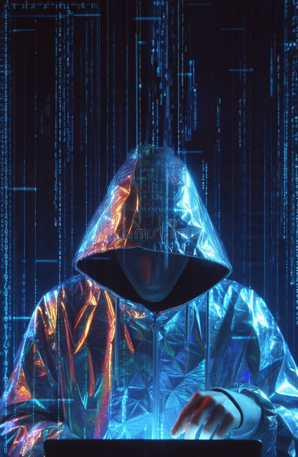 Hacker in geheimnisvoll aussehender Kapuze verwendet Hologramm Grafik Netzwerk Passwort Cracking Programm generative ai Illustrati vektor abbildung