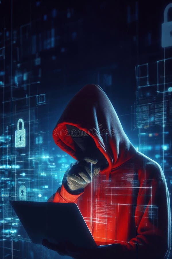 Hacker in geheimnisvoll aussehender Kapuze verwendet Hologramm Grafik Netzwerk Passwort Cracking Programm generative ai Illustrati vektor abbildung