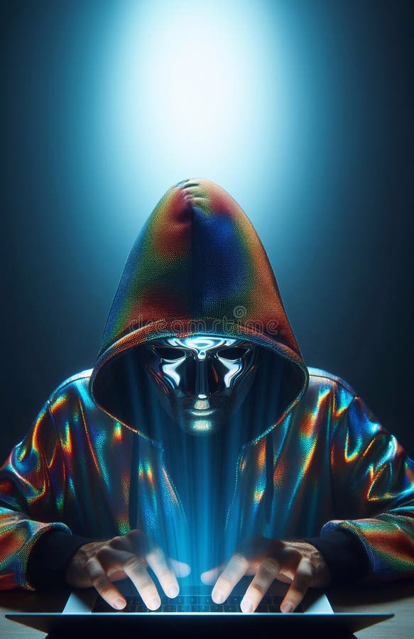 Hacker in geheimnisvoll aussehender Kapuze verwendet Hologramm Grafik Netzwerk Passwort Cracking Programm generative ai Illustrati stock abbildung