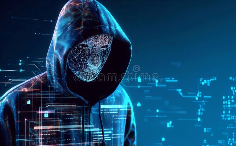 Hacker in geheimnisvoll aussehender Kapuze verwendet Hologramm Grafik Netzwerk Passwort Cracking Programm generative ai Illustrati vektor abbildung