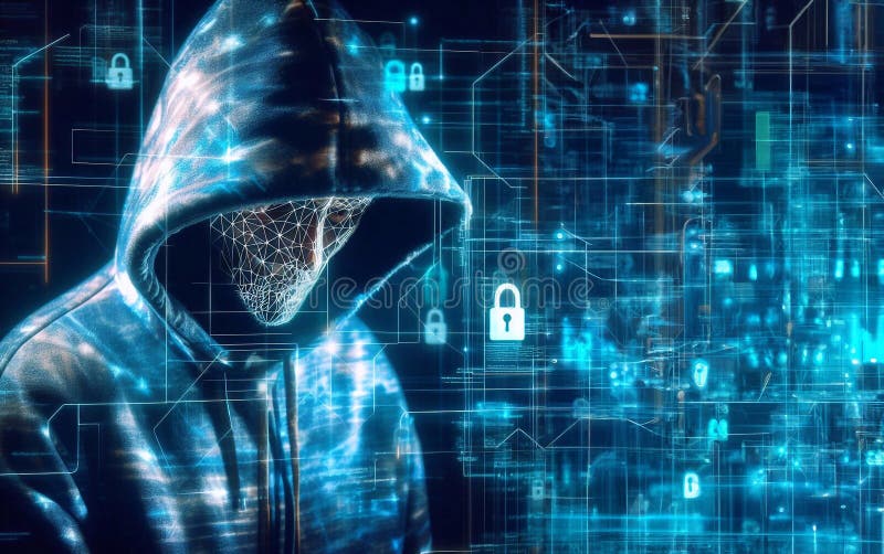 Hacker in geheimnisvoll aussehender Kapuze verwendet Hologramm Grafik Netzwerk Passwort Cracking Programm generative ai Illustrati lizenzfreie abbildung