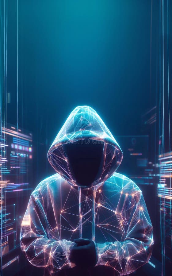 Hacker in geheimnisvoll aussehender Kapuze verwendet Hologramm Grafik Netzwerk Passwort Cracking Programm generative ai Illustrati stock abbildung