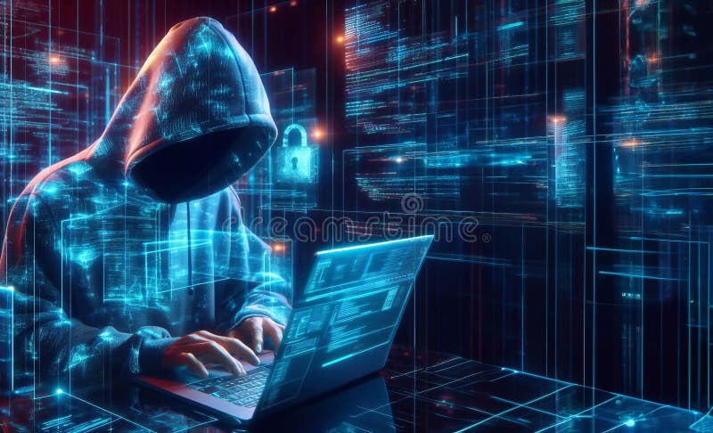 Hacker in geheimnisvoll aussehender Kapuze verwendet Hologramm Grafik Netzwerk Passwort Cracking Programm generative ai Illustrati stock abbildung