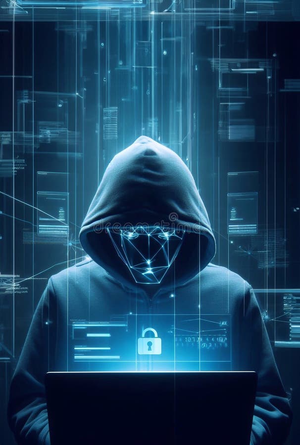 Hacker in geheimnisvoll aussehender Kapuze verwendet Hologramm Grafik Netzwerk Passwort Cracking Programm generative ai Illustrati stock abbildung