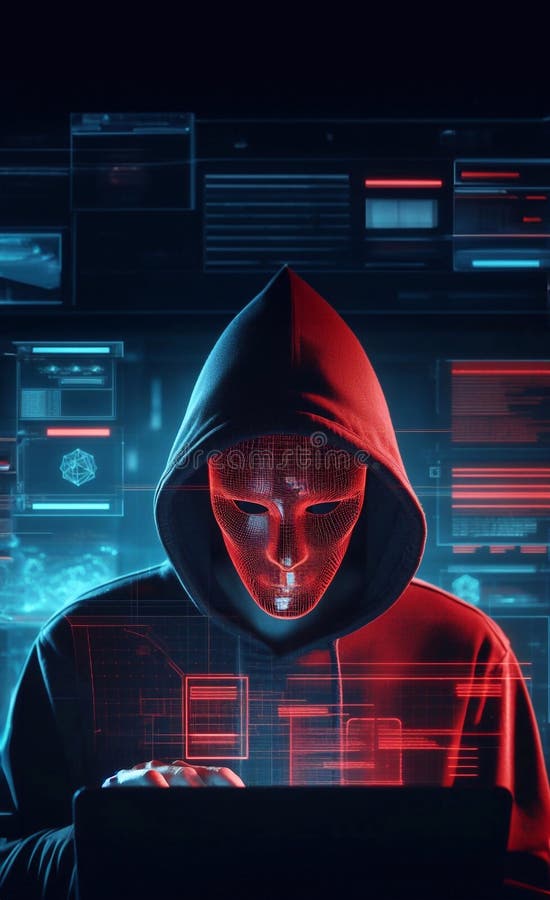 Hacker in geheimnisvoll aussehender Kapuze verwendet Hologramm Grafik Netzwerk Passwort Cracking Programm generative ai Illustrati lizenzfreie abbildung