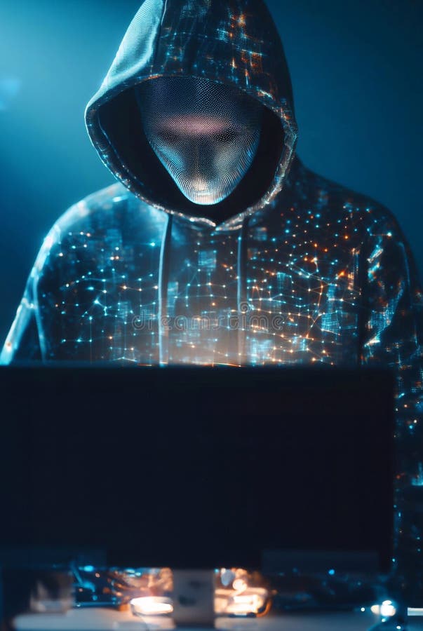 Hacker in geheimnisvoll aussehender Kapuze verwendet Hologramm Grafik Netzwerk Passwort Cracking Programm generative ai Illustrati stock abbildung