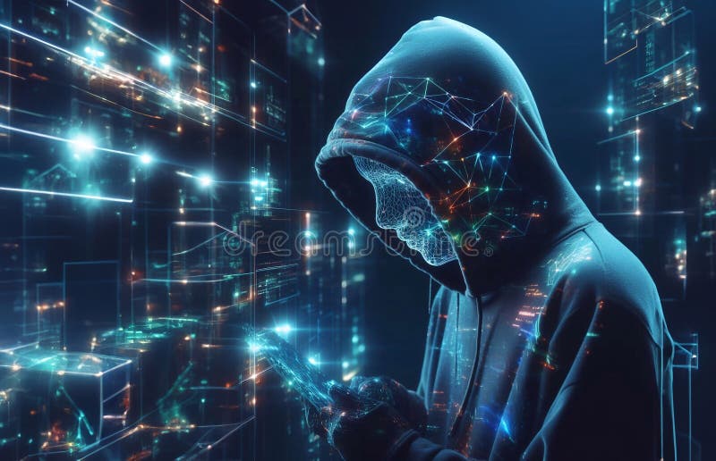 Hacker in geheimnisvoll aussehender Kapuze verwendet Hologramm Grafik Netzwerk Passwort Cracking Programm generative ai Illustrati vektor abbildung