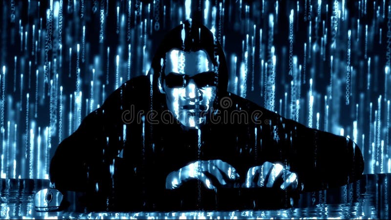 Hacker with glowing blue code stock illustration