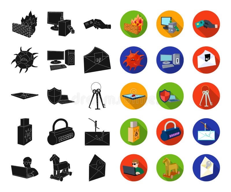 Hacker and hacking black,flat icons in set collection for design. Hacker and equipment vector symbol stock web royalty free illustration