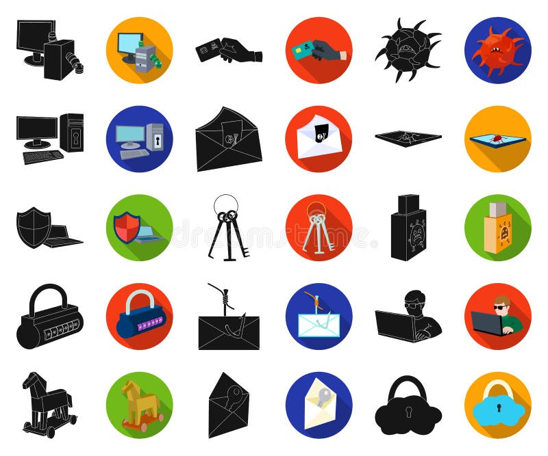 Hacker and hacking black,flat icons in set collection for design. Hacker and equipment vector symbol stock web royalty free illustration